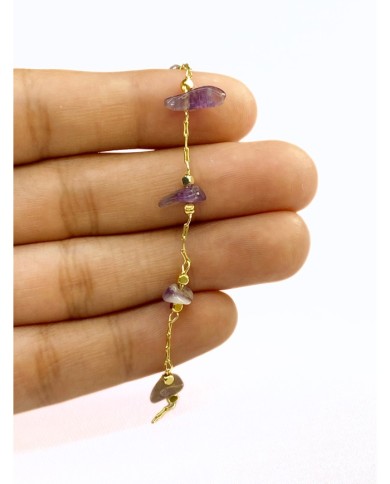 Doğal Kırık Taşlı Kuyumcu Zinciri Altın Rengi Ara Boncuklu Mor 3mm - 1m