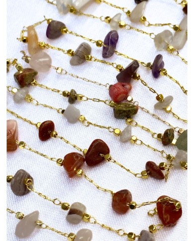 Doğal Kırık Taşlı Kuyumcu Zinciri Altın Rengi Ara Boncuklu Şeffaf 3mm - 1m